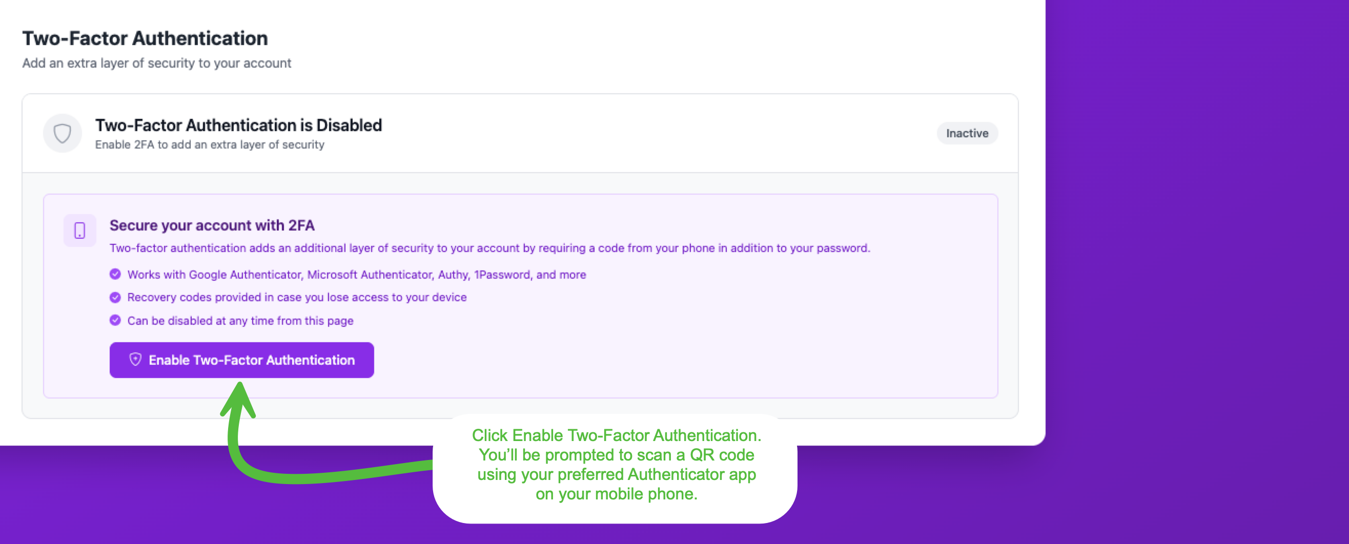 Account Settings page showing the Two-Factor Authentication section with Enable button