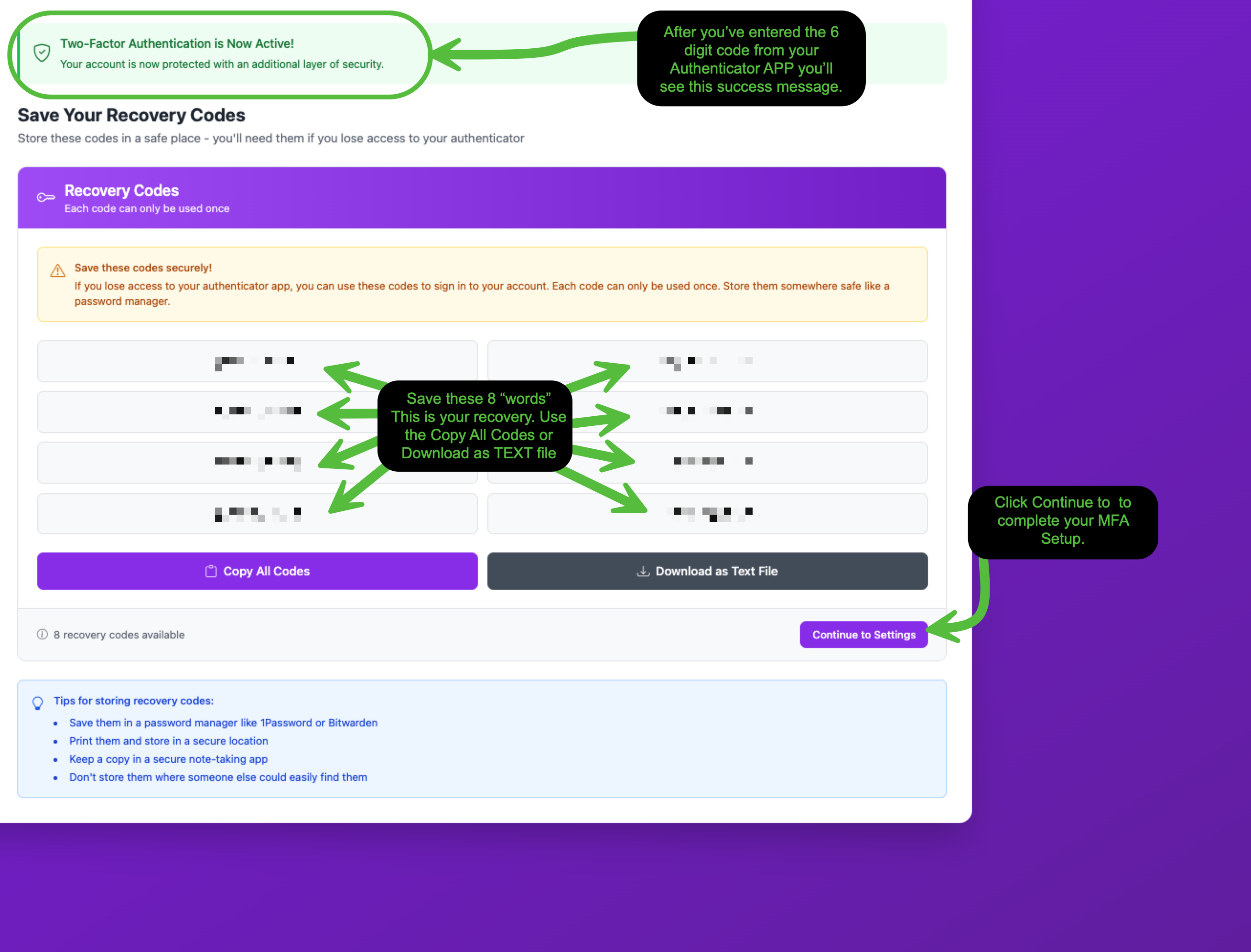 Recovery codes screen showing 8 one-time-use codes with Copy All Codes and Download as Text File buttons