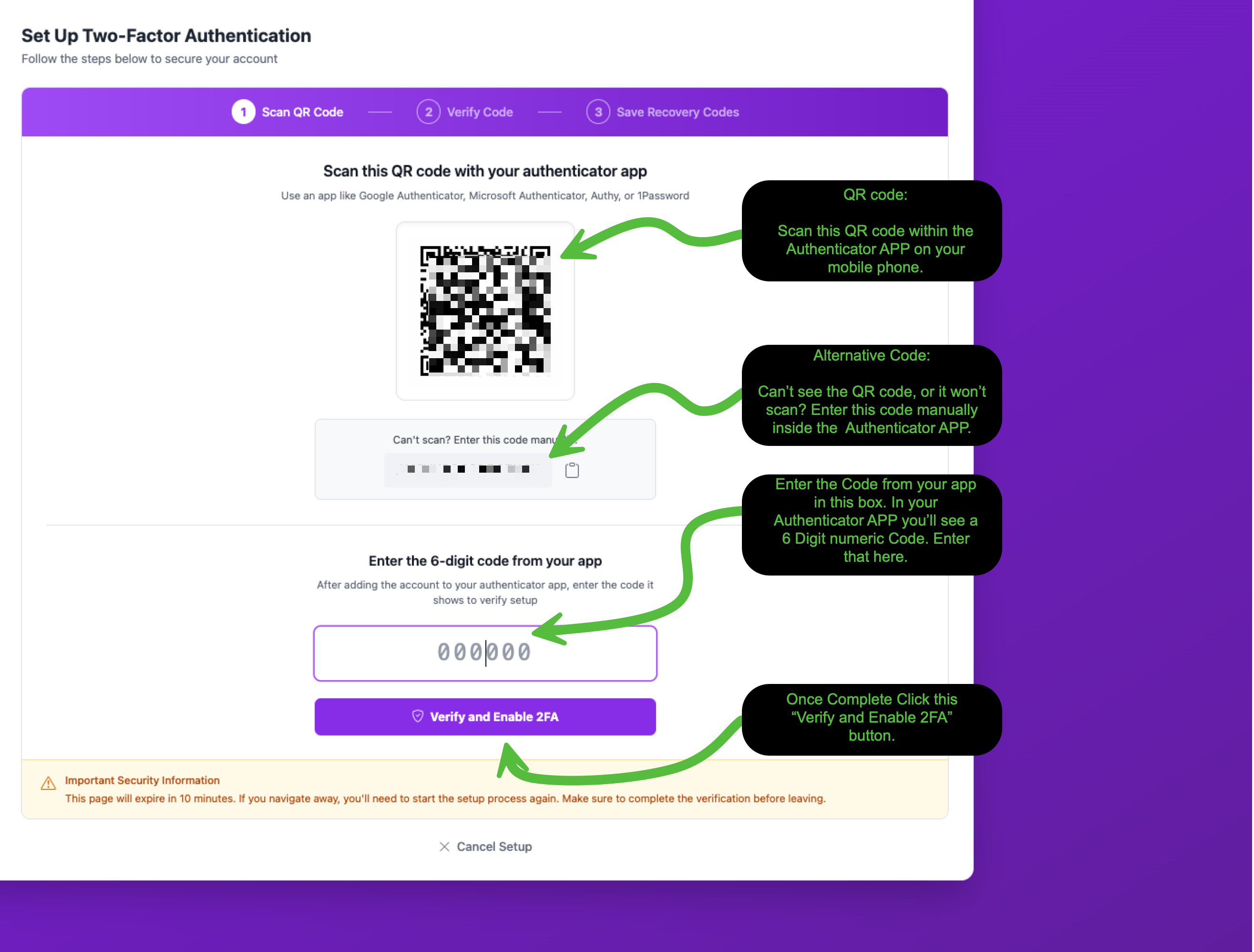 MFA setup screen showing QR code, manual entry code, and 6-digit verification field