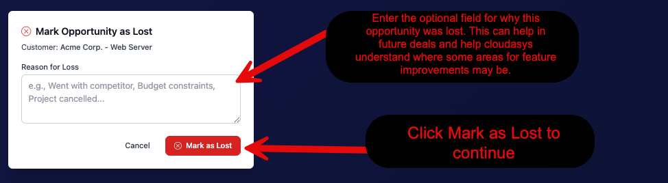 Mark Opportunity as Lost dialog with optional reason for loss field