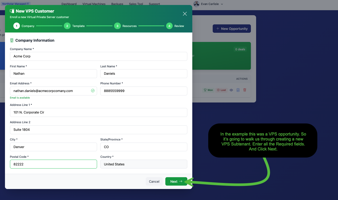 New VPS Customer wizard Step 1 showing company information form