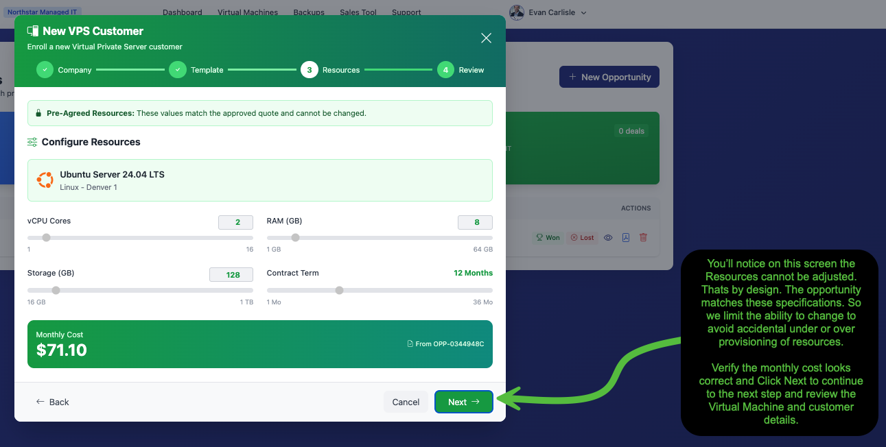 New VPS Customer wizard Step 3 showing pre-agreed resources that cannot be changed
