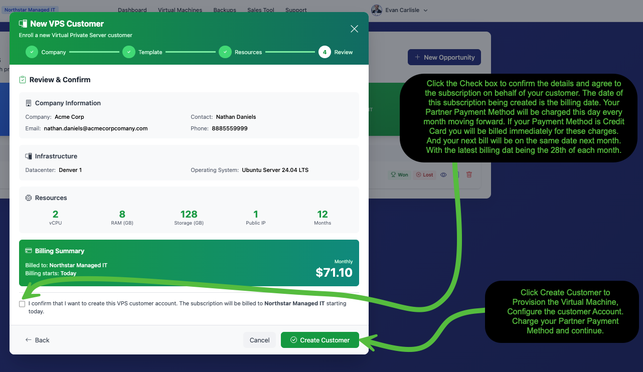 New VPS Customer wizard Step 4 showing review summary with billing details and confirmation checkbox