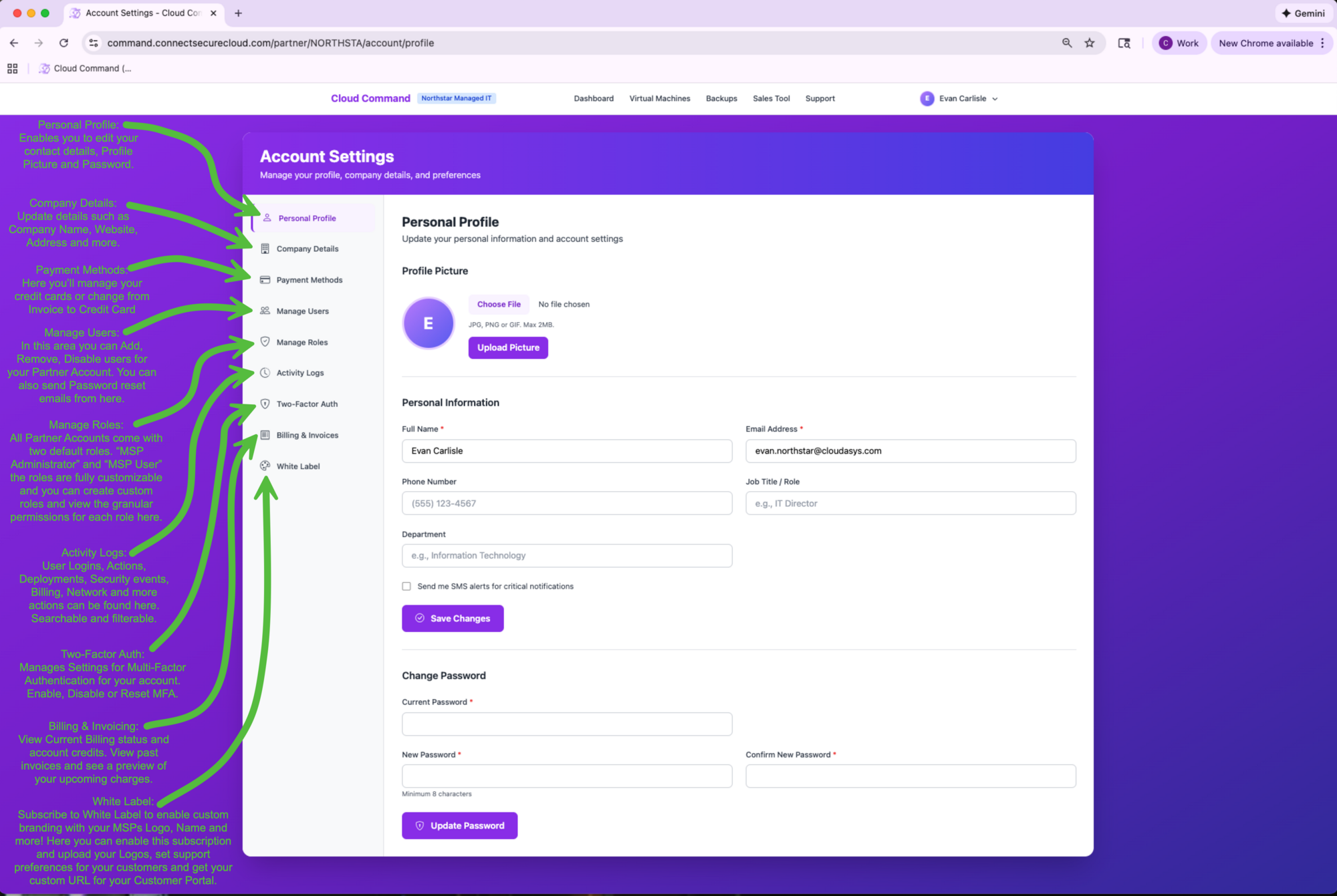 Account Settings page showing sidebar navigation with all available settings sections