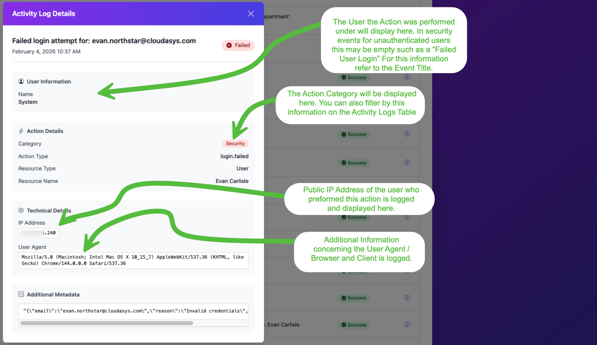 Activity Log Details modal showing user information, action details, IP address, user agent, and metadata