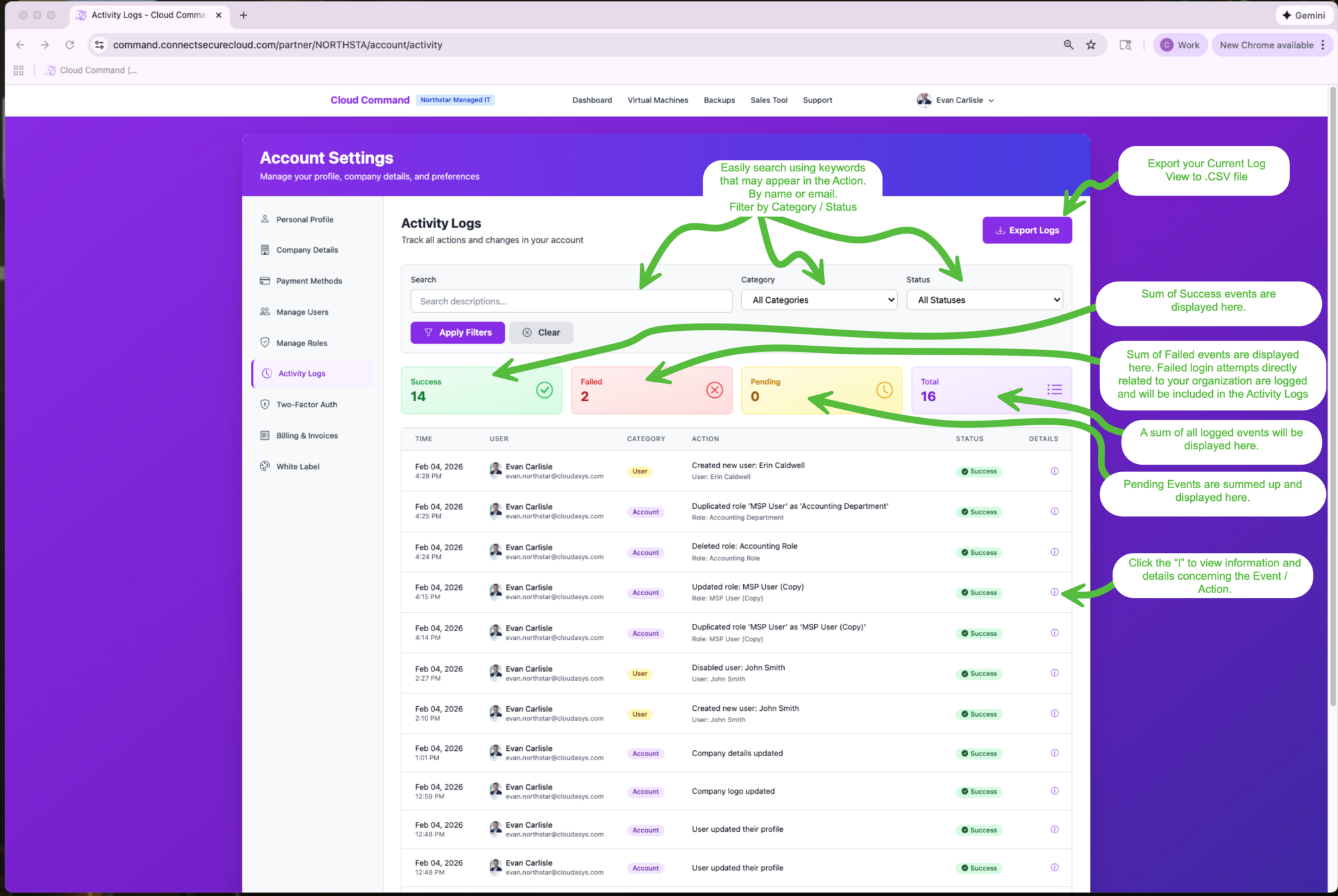 Activity Logs page showing search filters, status summary cards, and a chronological list of all events