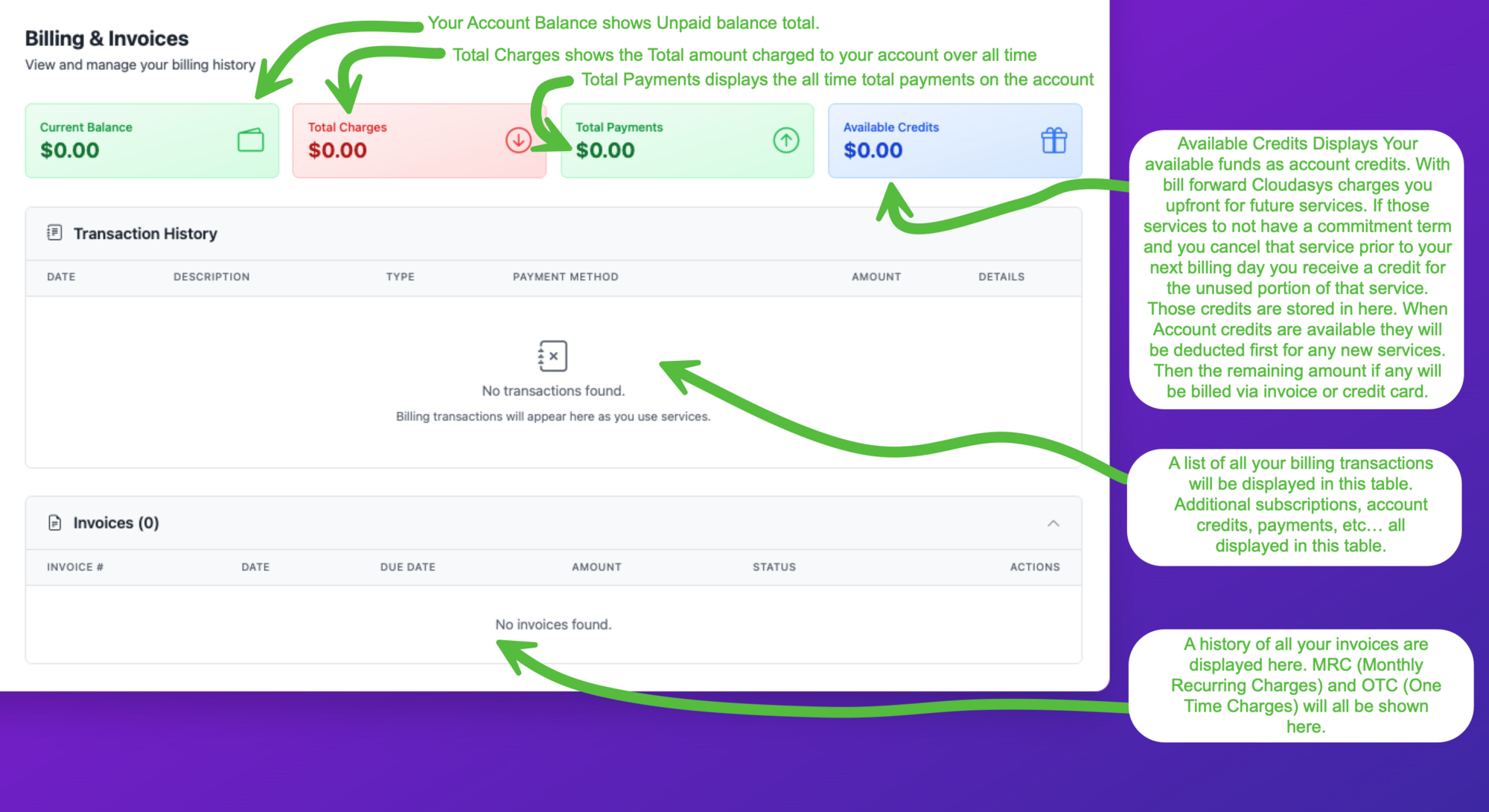 Billing and Invoices page showing current balance, total charges, total payments, available credits, transaction history, and invoices