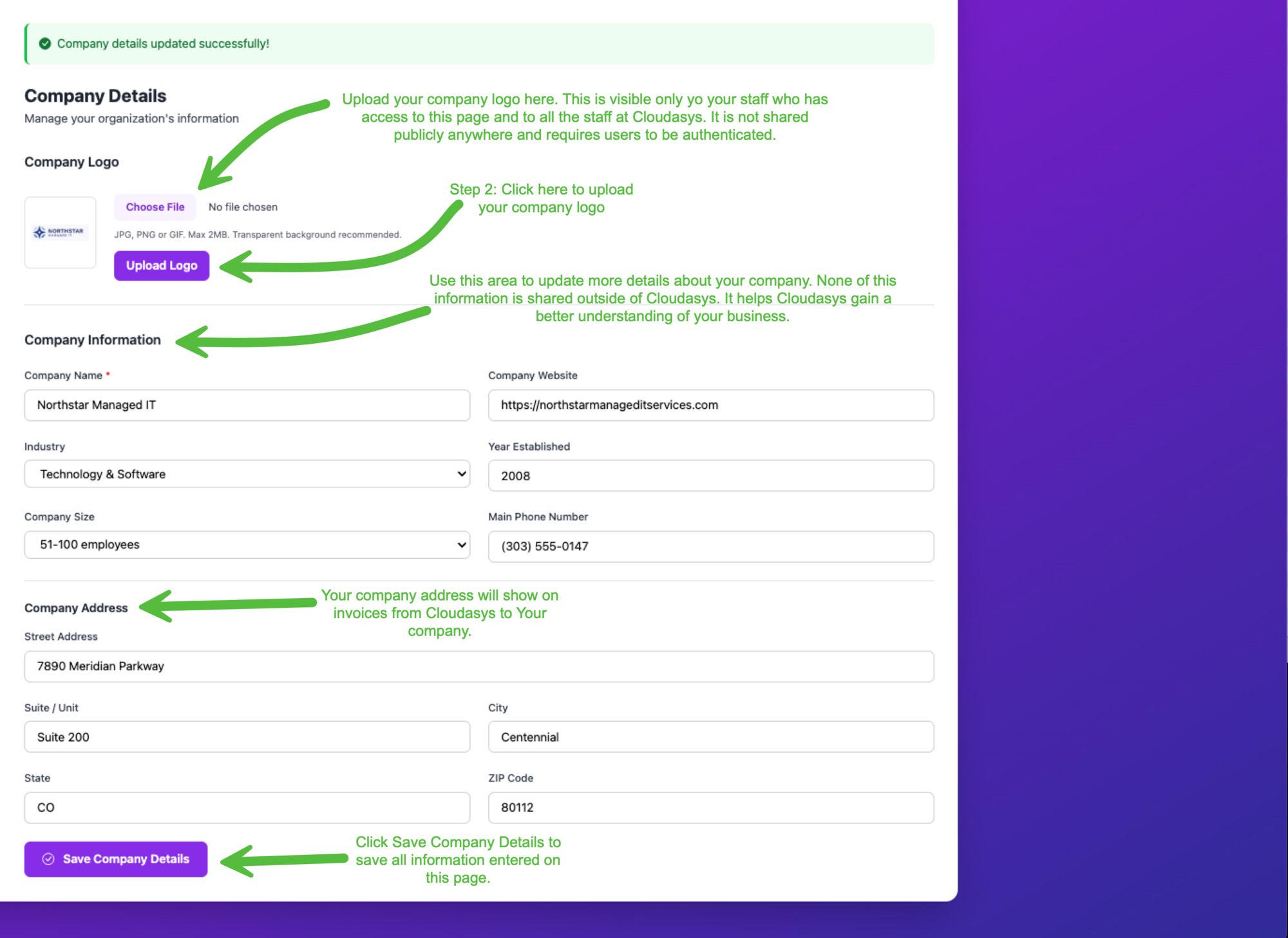 Company Details page showing company logo upload, company information form, and company address fields