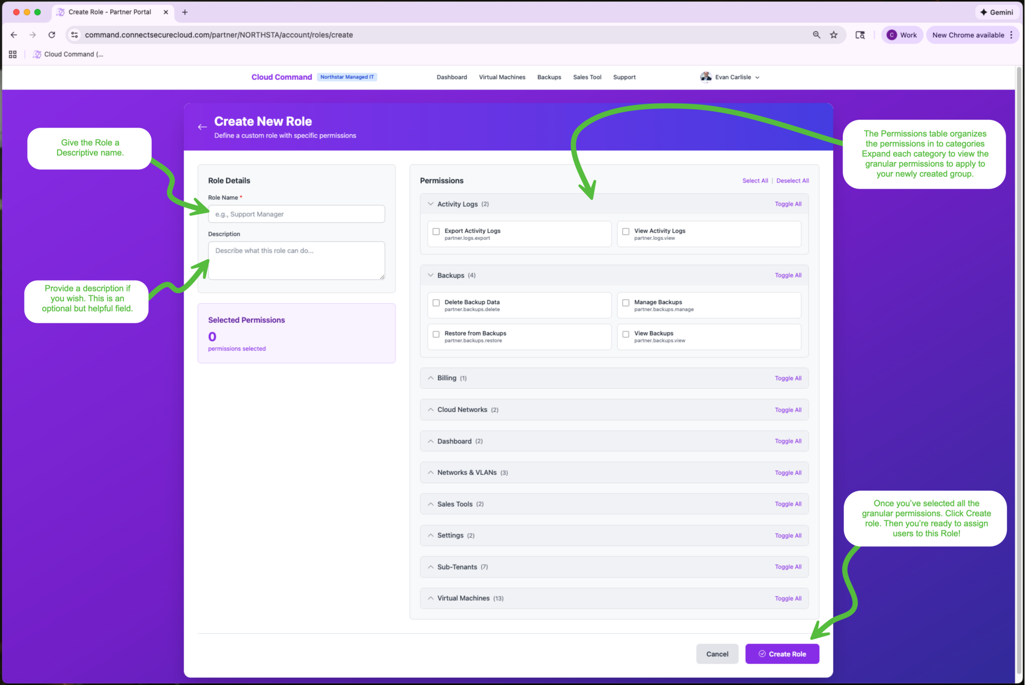 Create New Role page with role name, description fields, and permissions organized by category