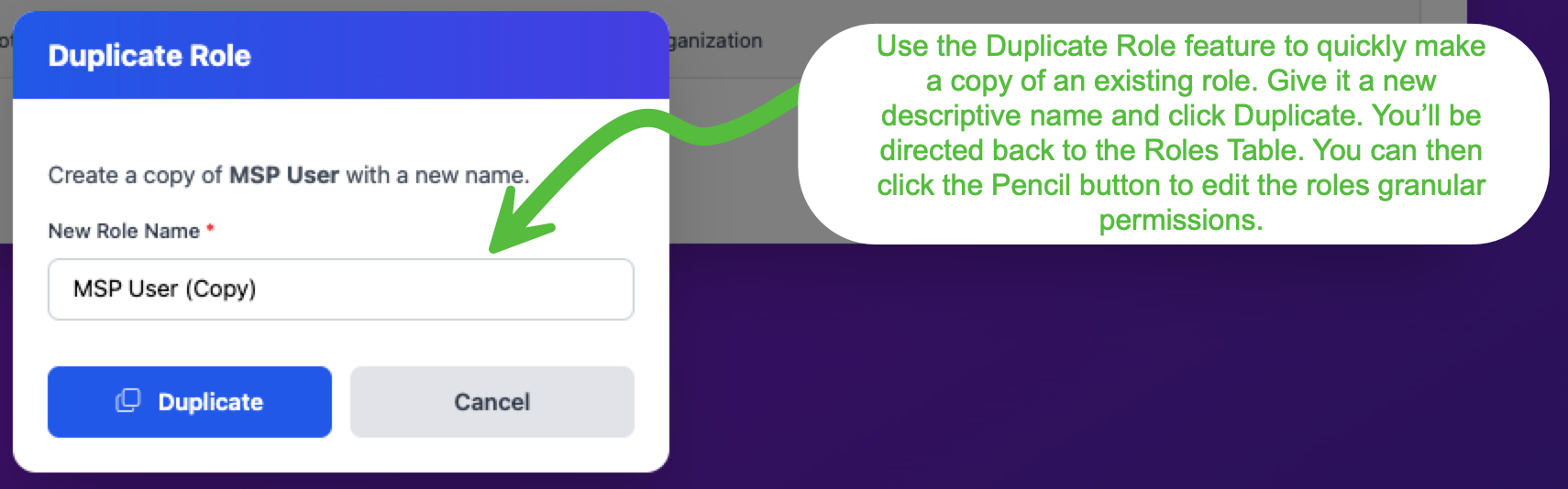 Duplicate Role dialog prompting for a new role name