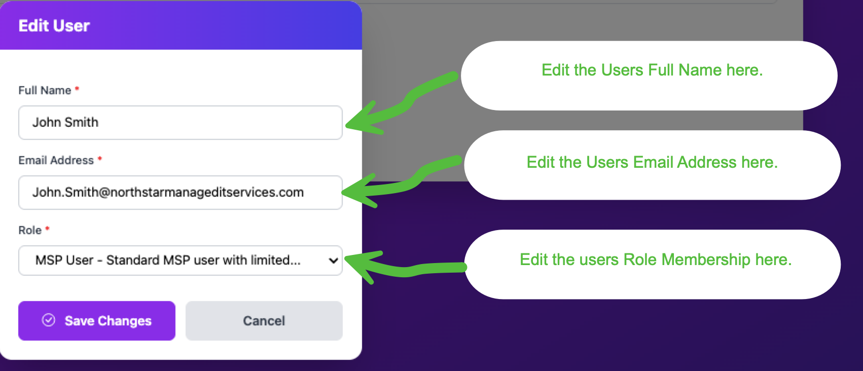 Edit User form with fields for full name, email address, and role selection