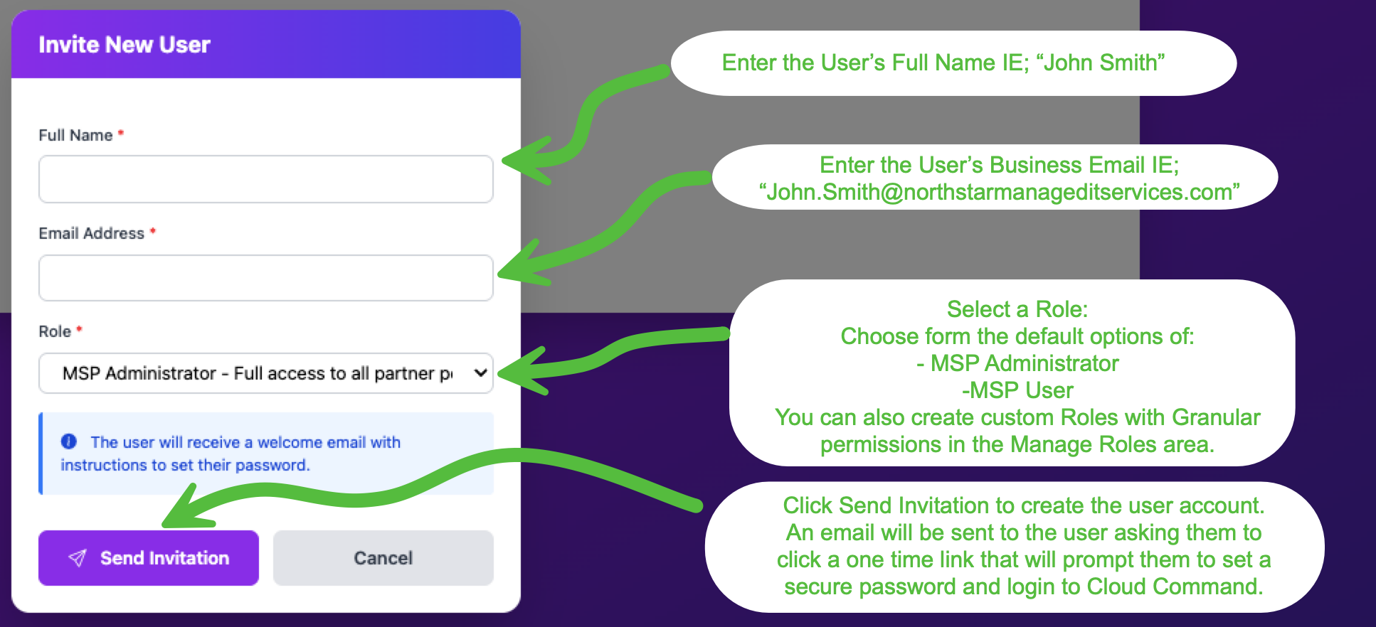 Invite New User form with fields for full name, email address, and role selection