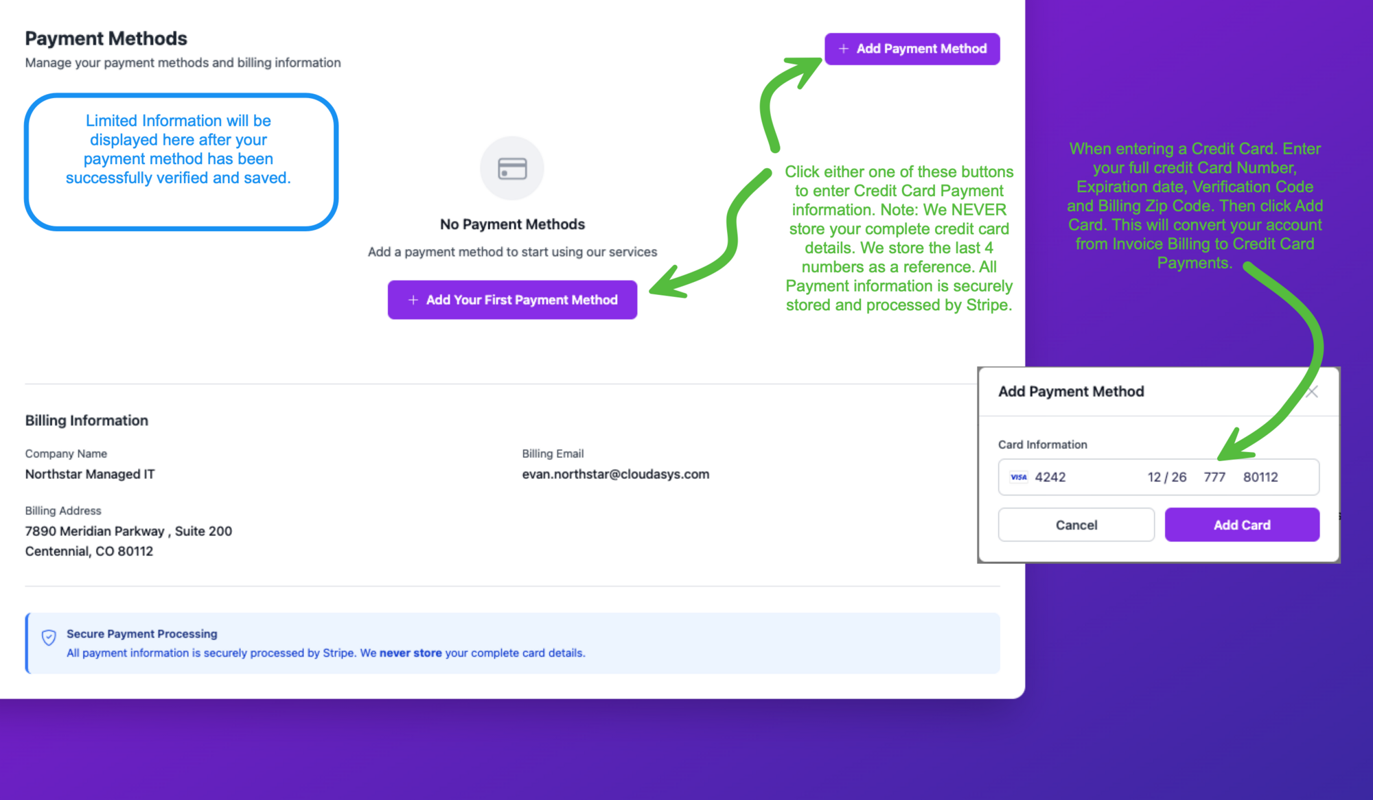 Payment Methods page showing add payment method button, billing information, and secure payment processing notice