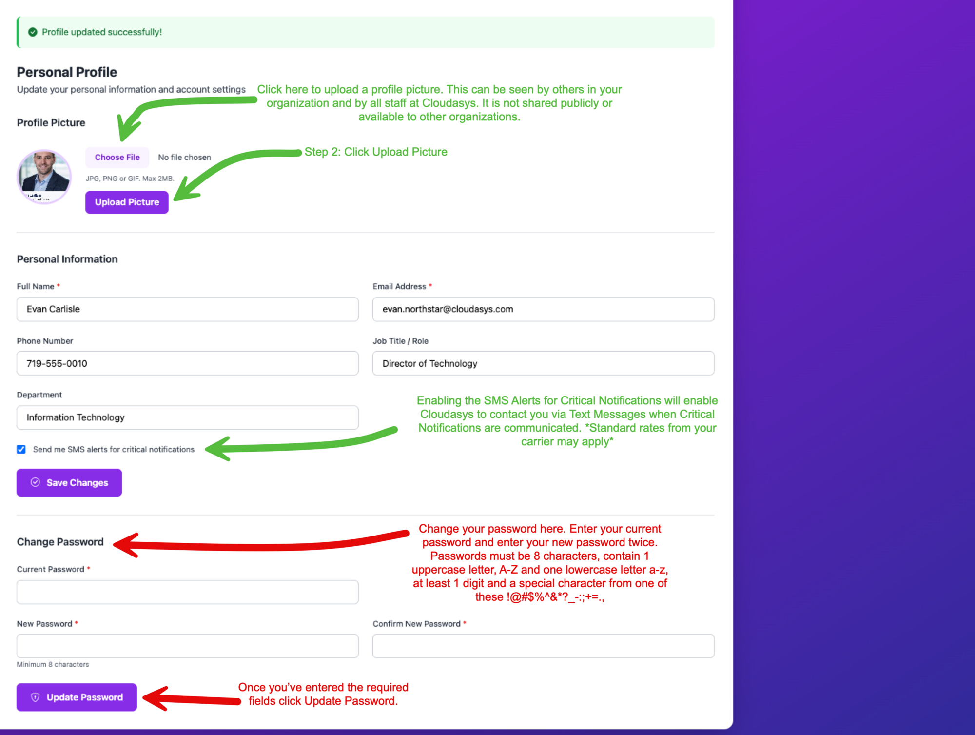 Personal Profile page showing profile picture upload, personal information form, and change password section