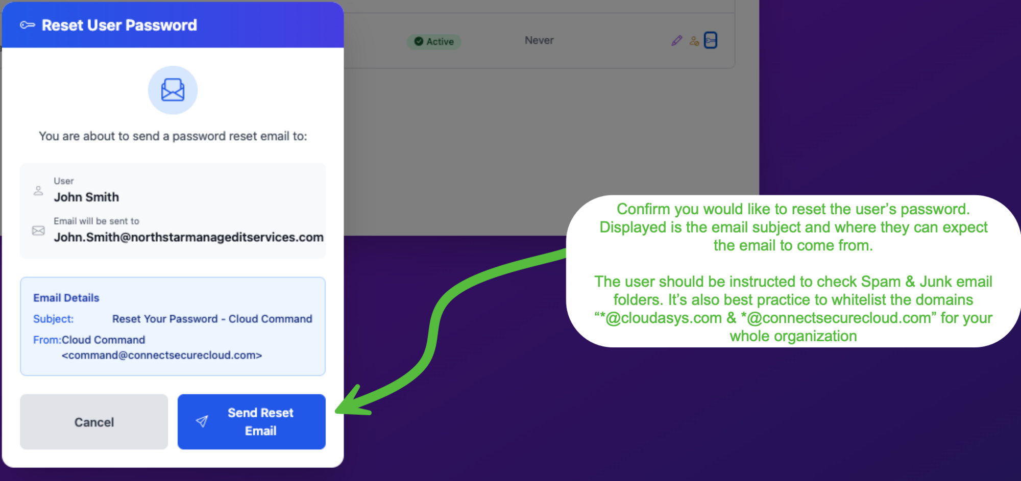 Reset User Password confirmation showing user name, email destination, and email details
