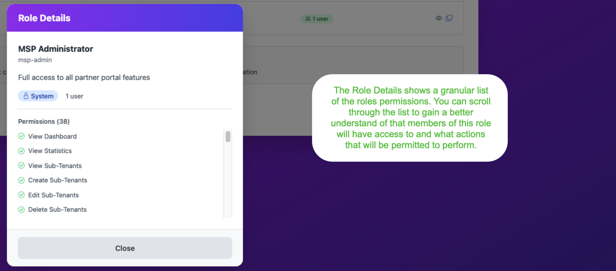 Role Details modal showing MSP Administrator permissions including View Dashboard, View Statistics, and Sub-Tenant management