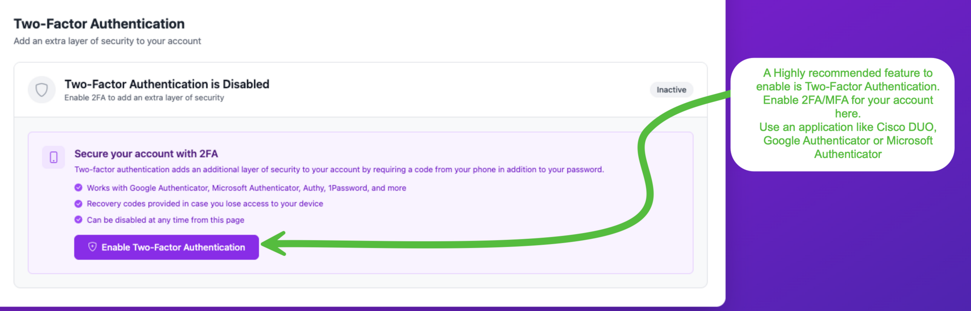 Two-Factor Authentication page showing enable button and compatibility with Google Authenticator, Microsoft Authenticator, Authy, and more