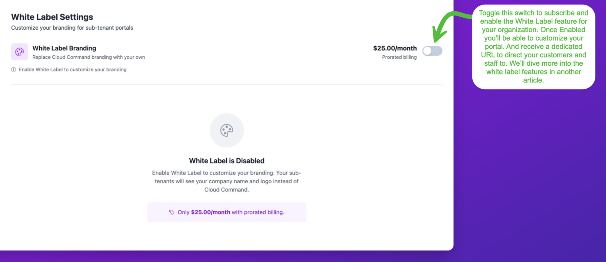 White Label Settings page showing the enable toggle and monthly pricing