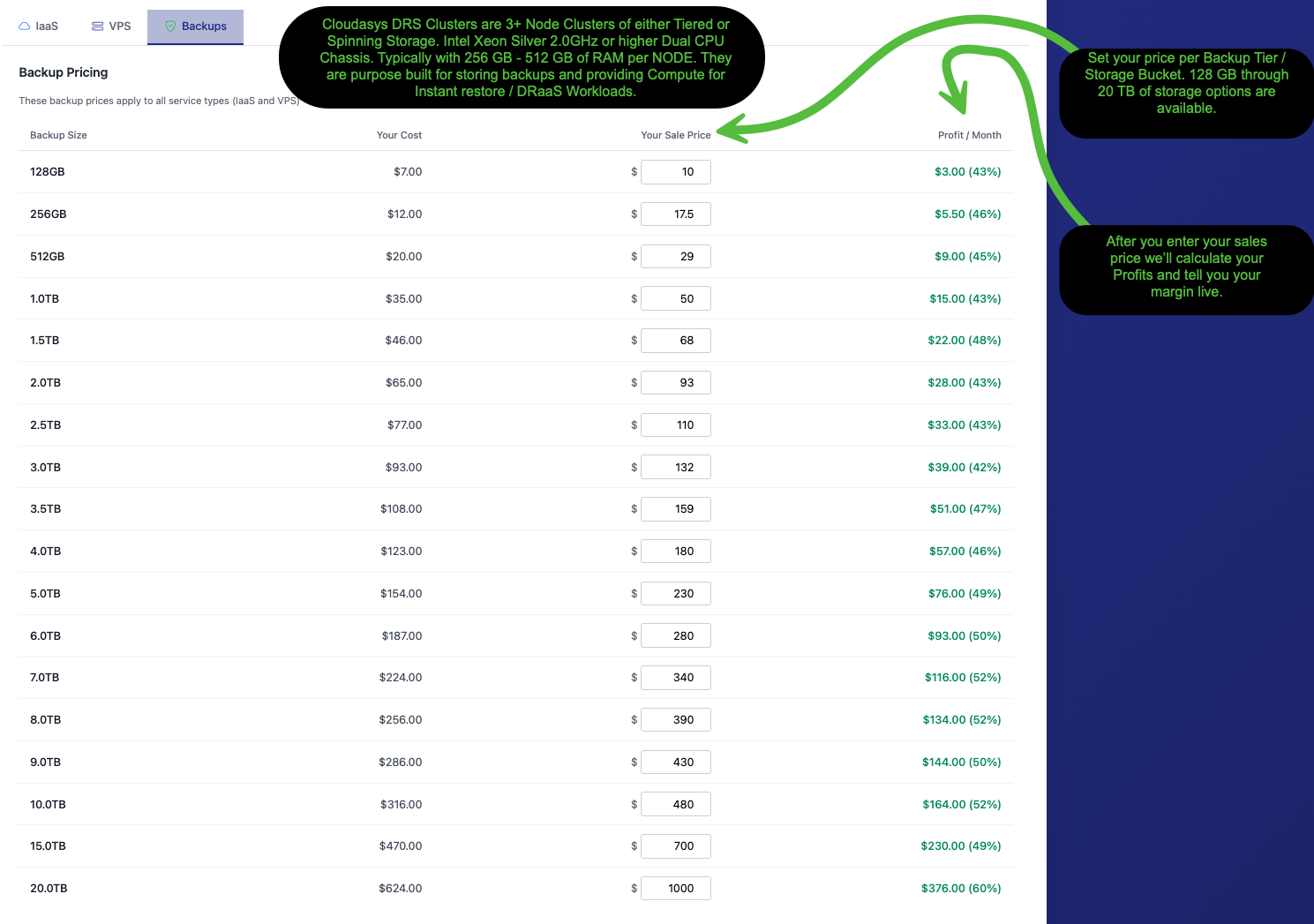 Backup Pricing tab showing storage bucket tiers from 128GB to 20TB with cost, sale price, and profit per month columns