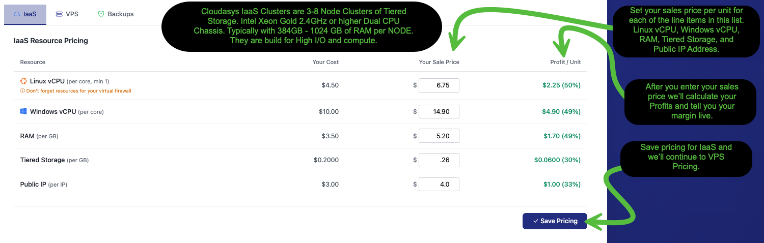 IaaS Resource Pricing tab showing Linux vCPU, Windows vCPU, RAM, Tiered Storage, and Public IP pricing fields with live profit calculations