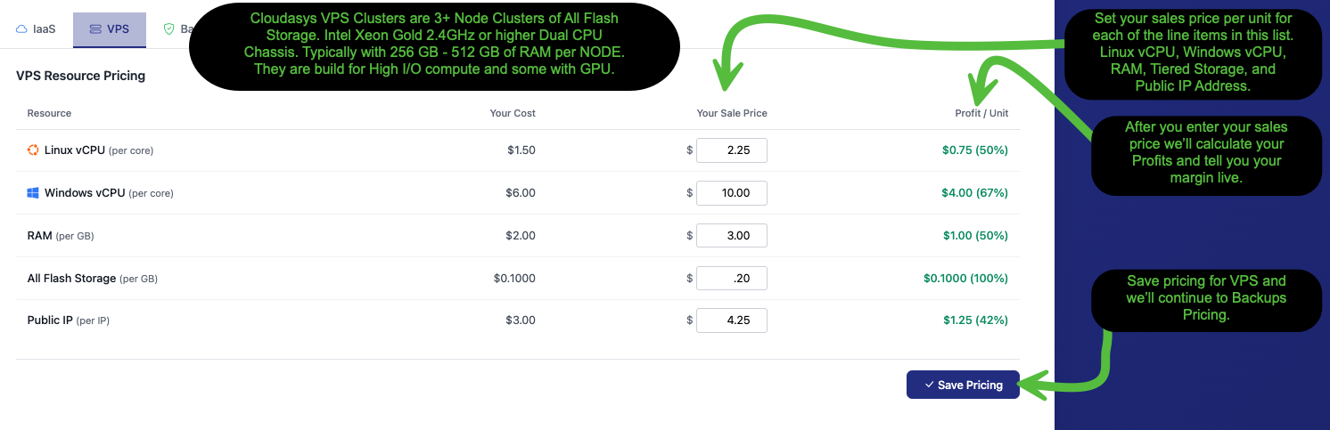 VPS Resource Pricing tab showing Linux vCPU, Windows vCPU, RAM, All Flash Storage, and Public IP pricing fields with live profit calculations