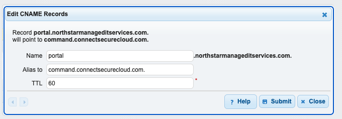 DNS provider showing CNAME record configuration with portal subdomain pointing to command.connectsecurecloud.com
