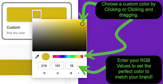 Custom color picker with click-and-drag color selection and RGB value input fields