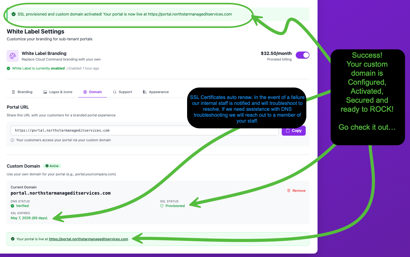Custom Domain showing Active status with DNS Verified, SSL Provisioned, SSL expiration date, and live portal link