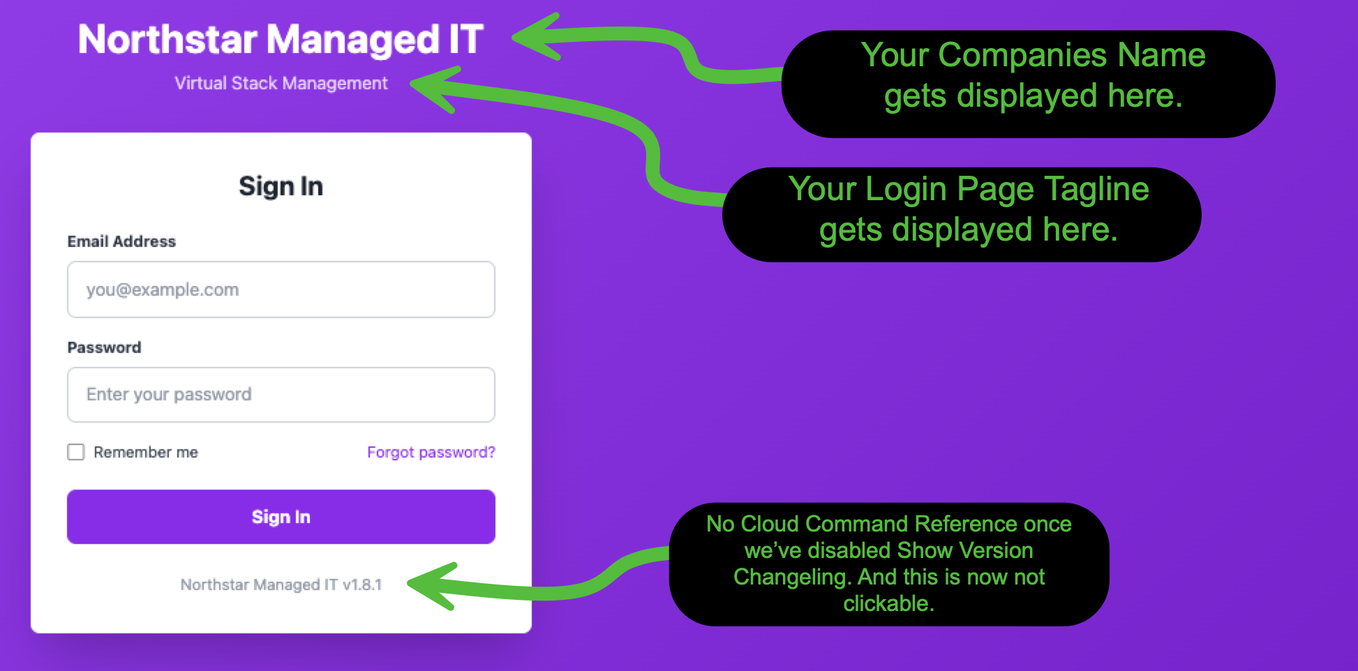 Login page displaying custom company name, tagline, and non-clickable version number after branding configuration