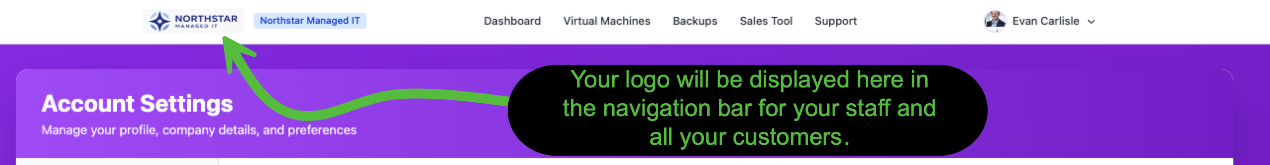 Navigation bar showing the uploaded company logo and company name in the top-left corner