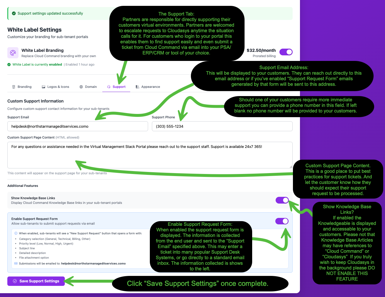 Support tab showing support email, phone, custom support page content, Knowledge Base toggle, and Support Request Form settings