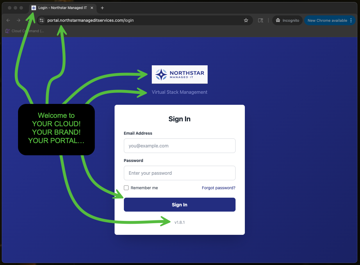 Fully branded white label portal showing custom logo, company name, tagline, brand colors, custom domain, and favicon